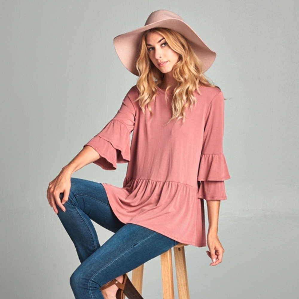 Double Ruffle Sleeve Peplum Tunic