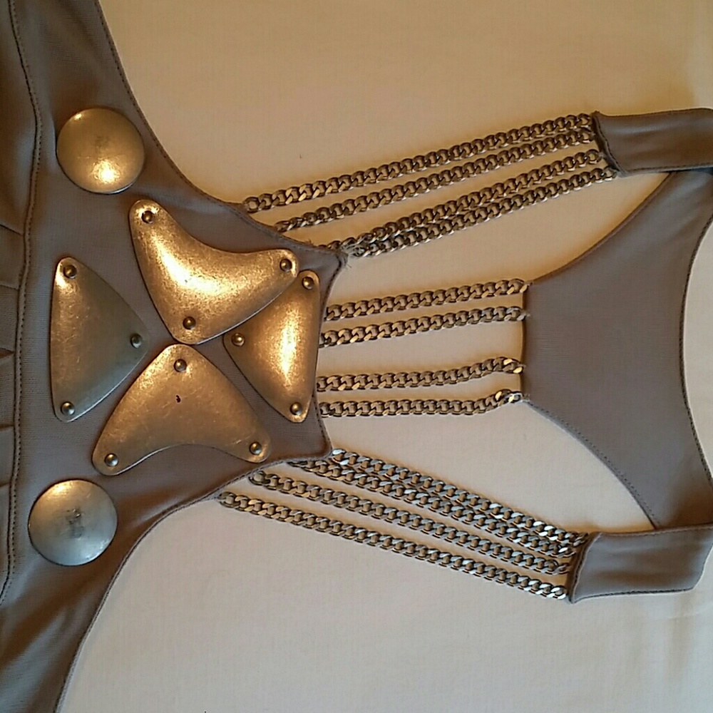 Dove grey dress with silver metal appliquaes