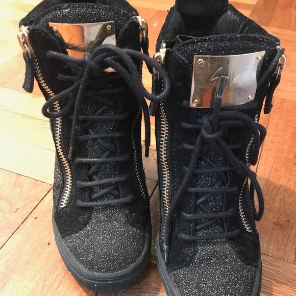 Giuseppe Zanotti Shoes - Giuseppe Zanotti suede glitter wedge sneakers.