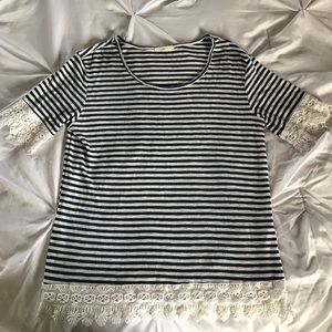 Navy and White Striped Shirt with Lace