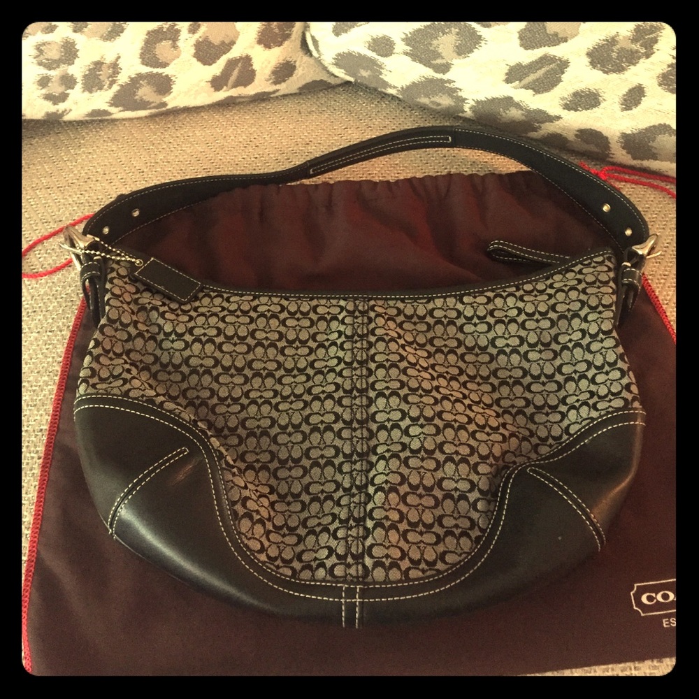 Coach Hobo Bag w/ Black Leather, Classic C Pattern