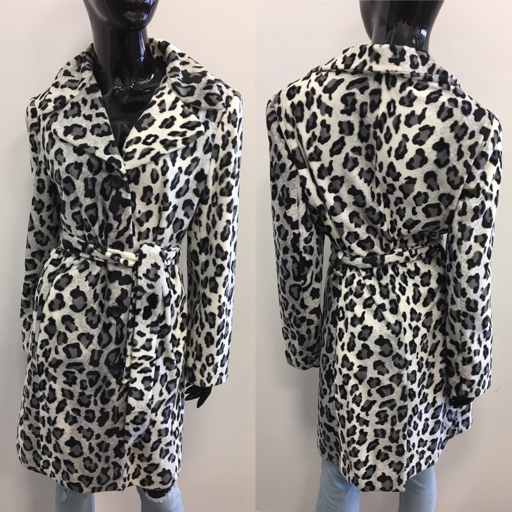 Bebe Faux Fur Snow Leopard Belted Trench Coat