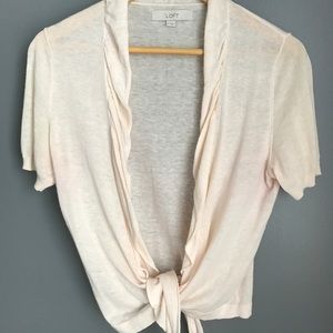 ANN Taylor Loft Open Ruffle Cardigan in Pale Pink