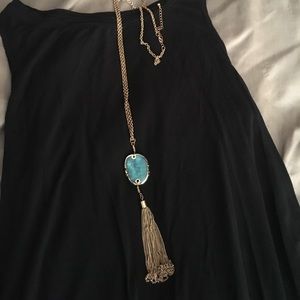 Gold long chain necklace tassel teal stone