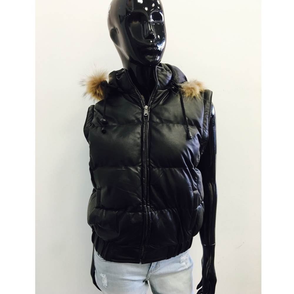 Lamb Skin Leather Vest with Real Fur Hood