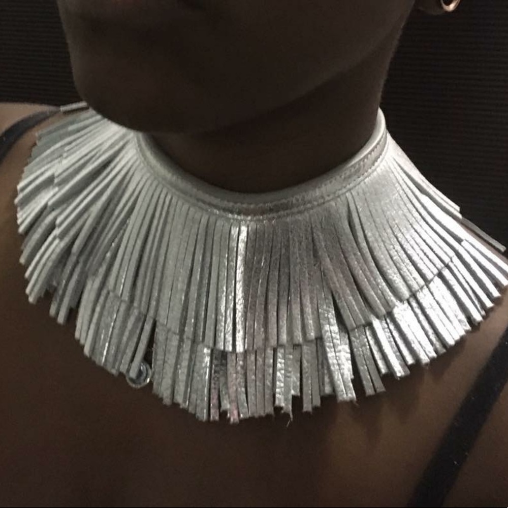 Leather Silver Metallic Fringe Choker Necklace