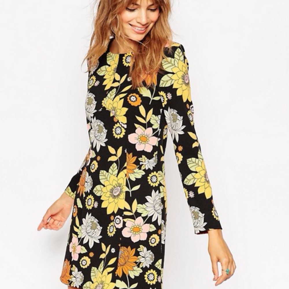 Asos Black Retro Floral Print Long Sleeve Dress