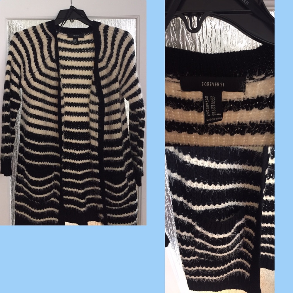 Forever 21 Black Cream Striped Longline Boyfriend Cardigan Sweater Size L