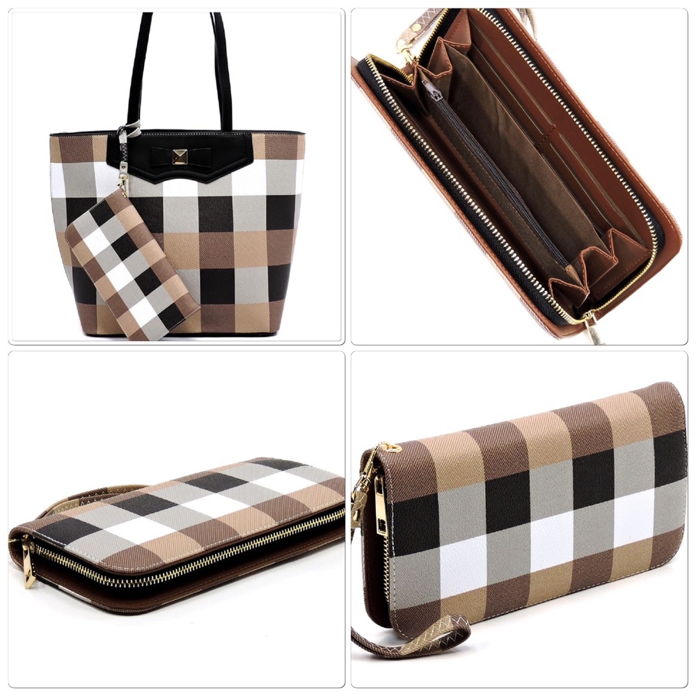 Checkered Tote Bag & Wallet Set