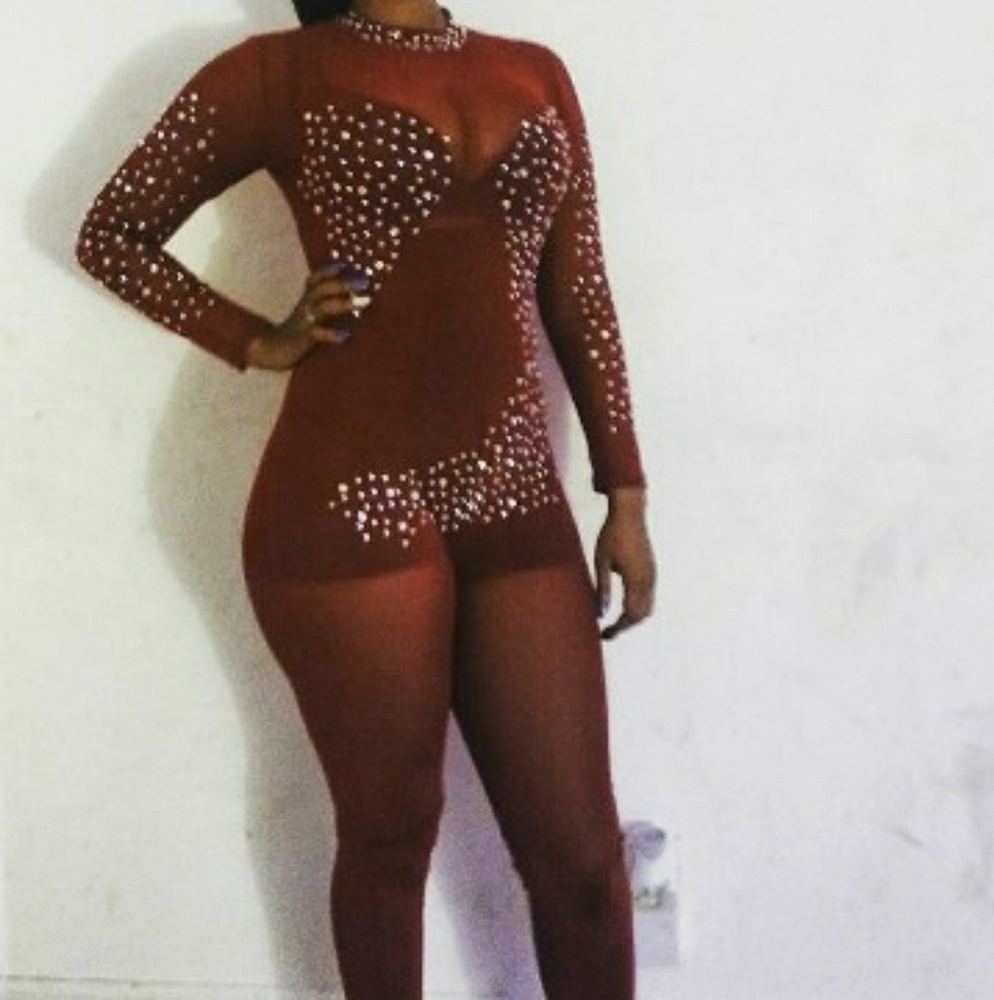 Burgundy sheer one piece w/ rhinestones
