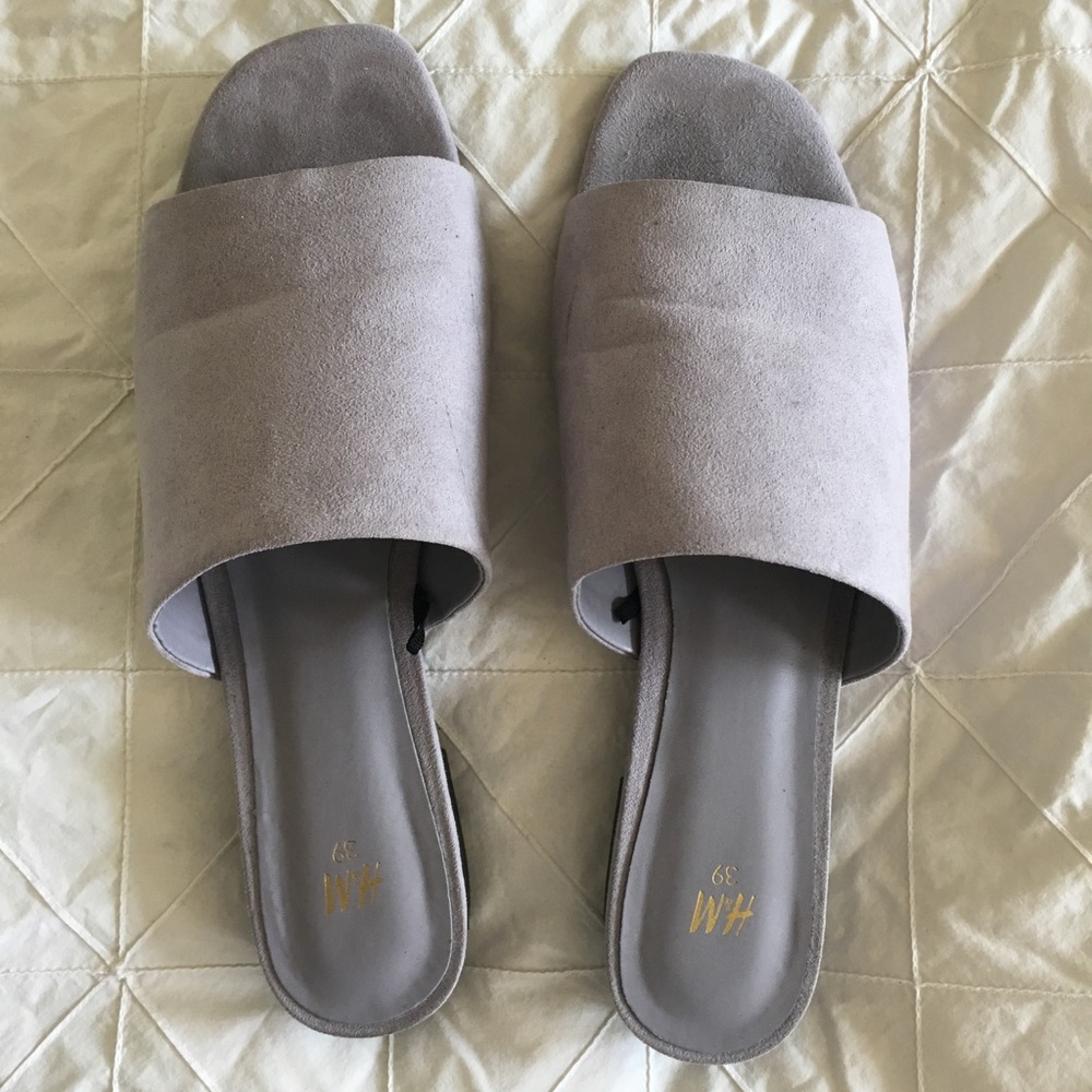 purple suede slides