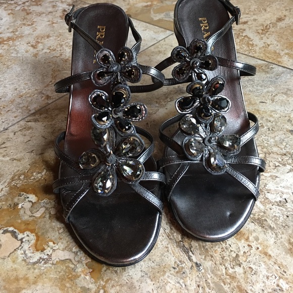 Prada Gray leather and jewel strapped heels - Picture 1 of 4