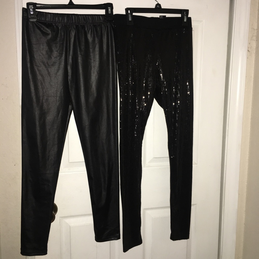 black faux suede pants & shiny black pants