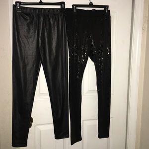 black faux suede pants & shiny black pants