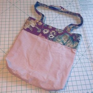 New Pink White Stripe Maroon Floral Fabric Tote