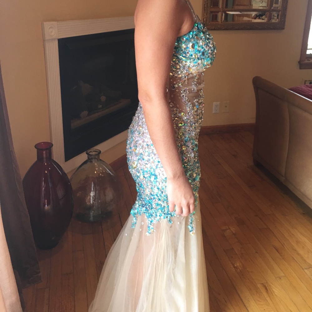 Jovani mermaid gown blue and nude - Picture 2 of 8