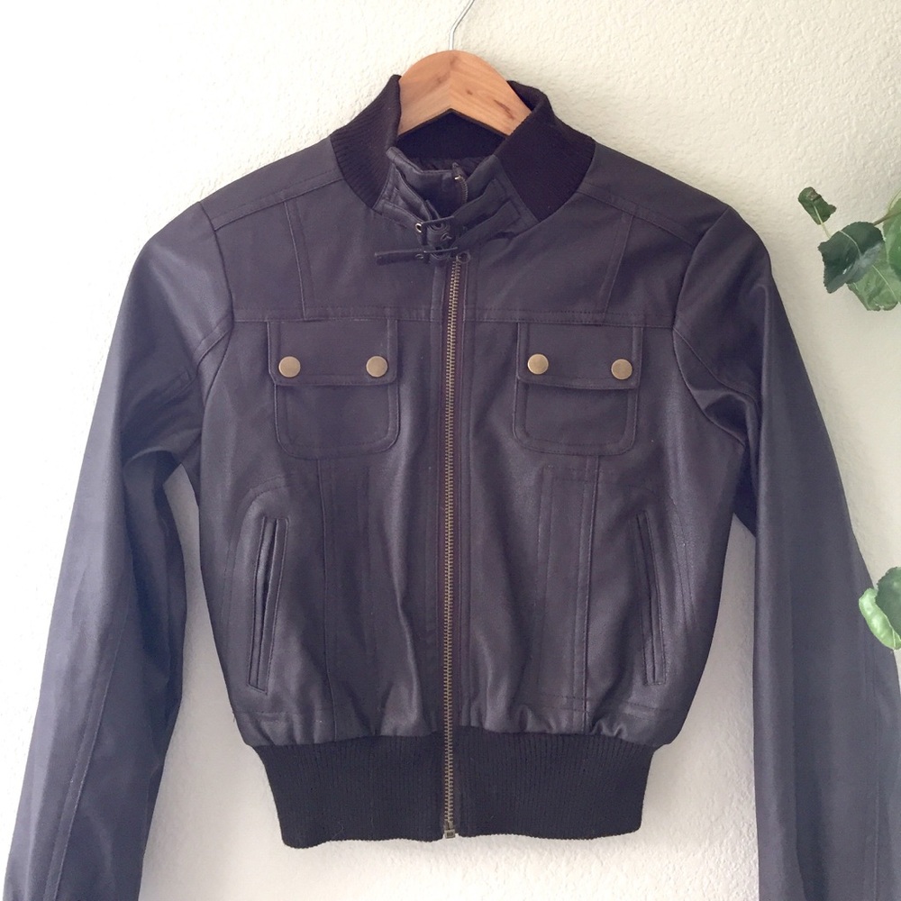 Brown Pleather Bomber Jacket - Picture 3 of 7