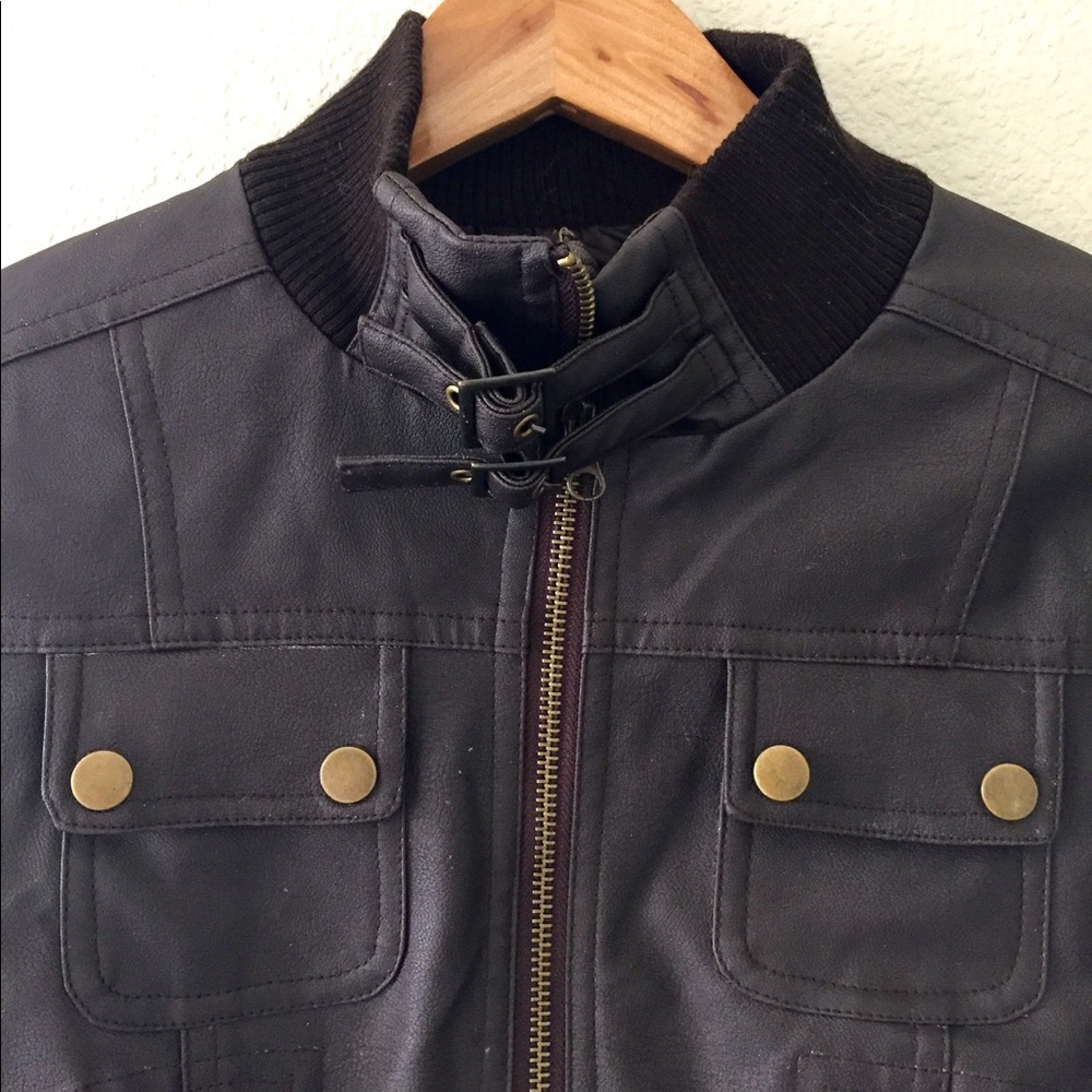 Brown Pleather Bomber Jacket - Picture 4 of 7