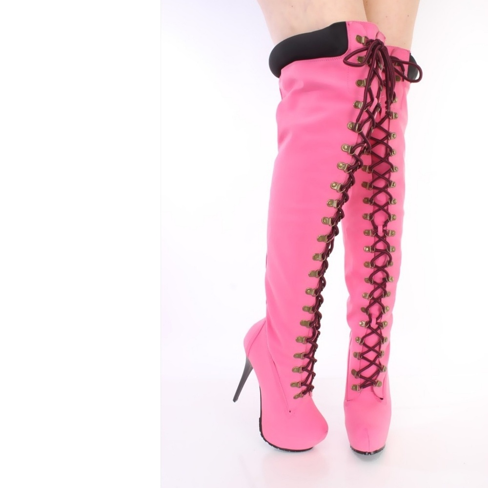 New Pink Faux Leather Thigh High Boots