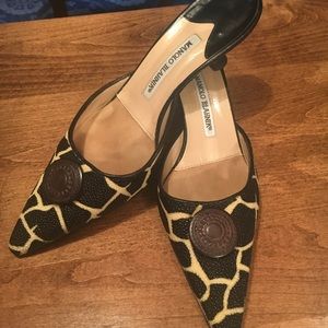 Manolo Blahnik Slip-on Giraffe Print Shoes