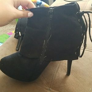 Black suede lace up system heels