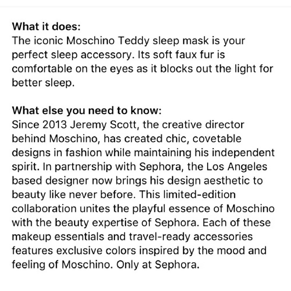 Moschino x Sephora Teddy Bear eye / sleeping mask - Picture 4 of 4
