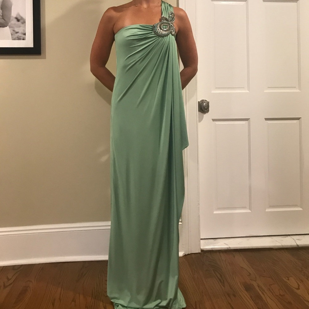 Sea foam embellished evening gown