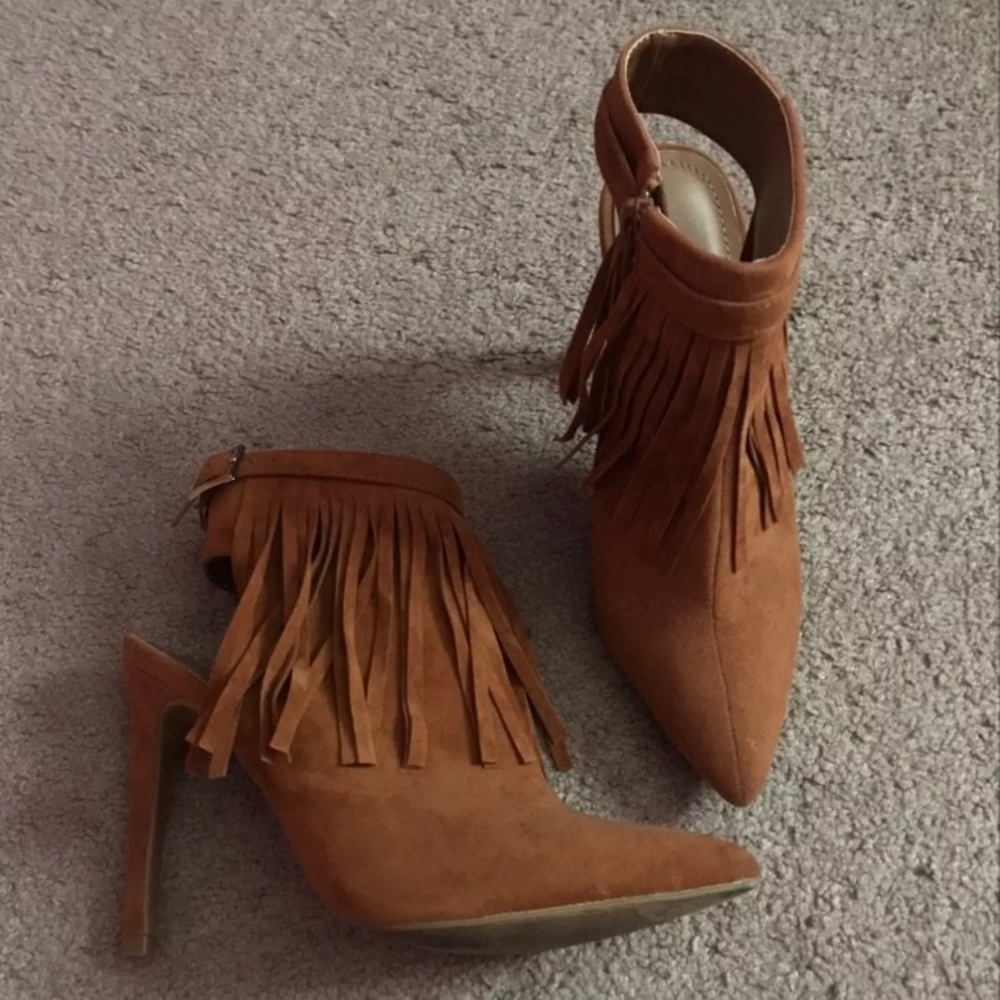 Light Brown Suede Fringe Openback Booties