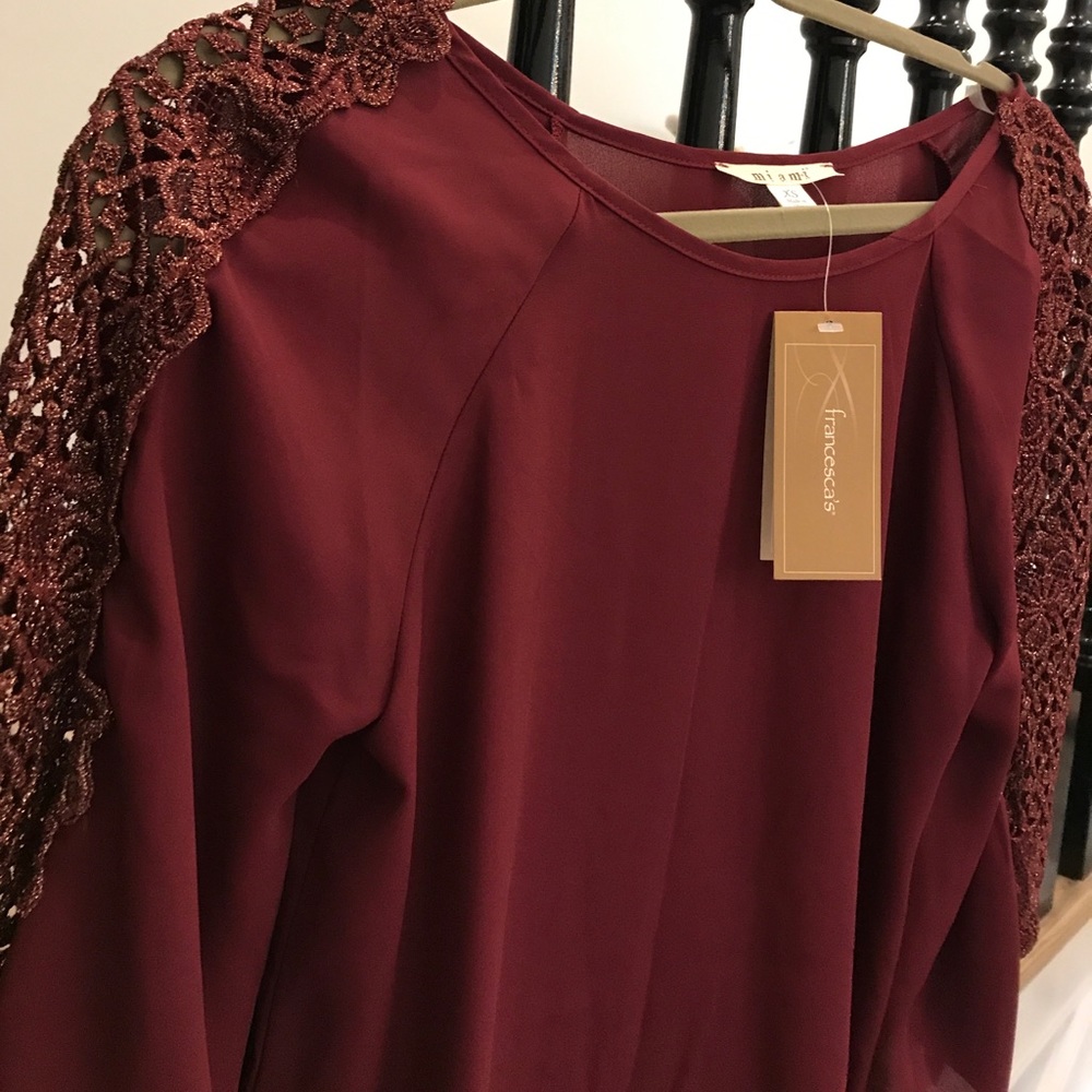 Maroon blouse with gold lace detail NWT