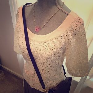 Anthropologie top white floral eyelet cream Large