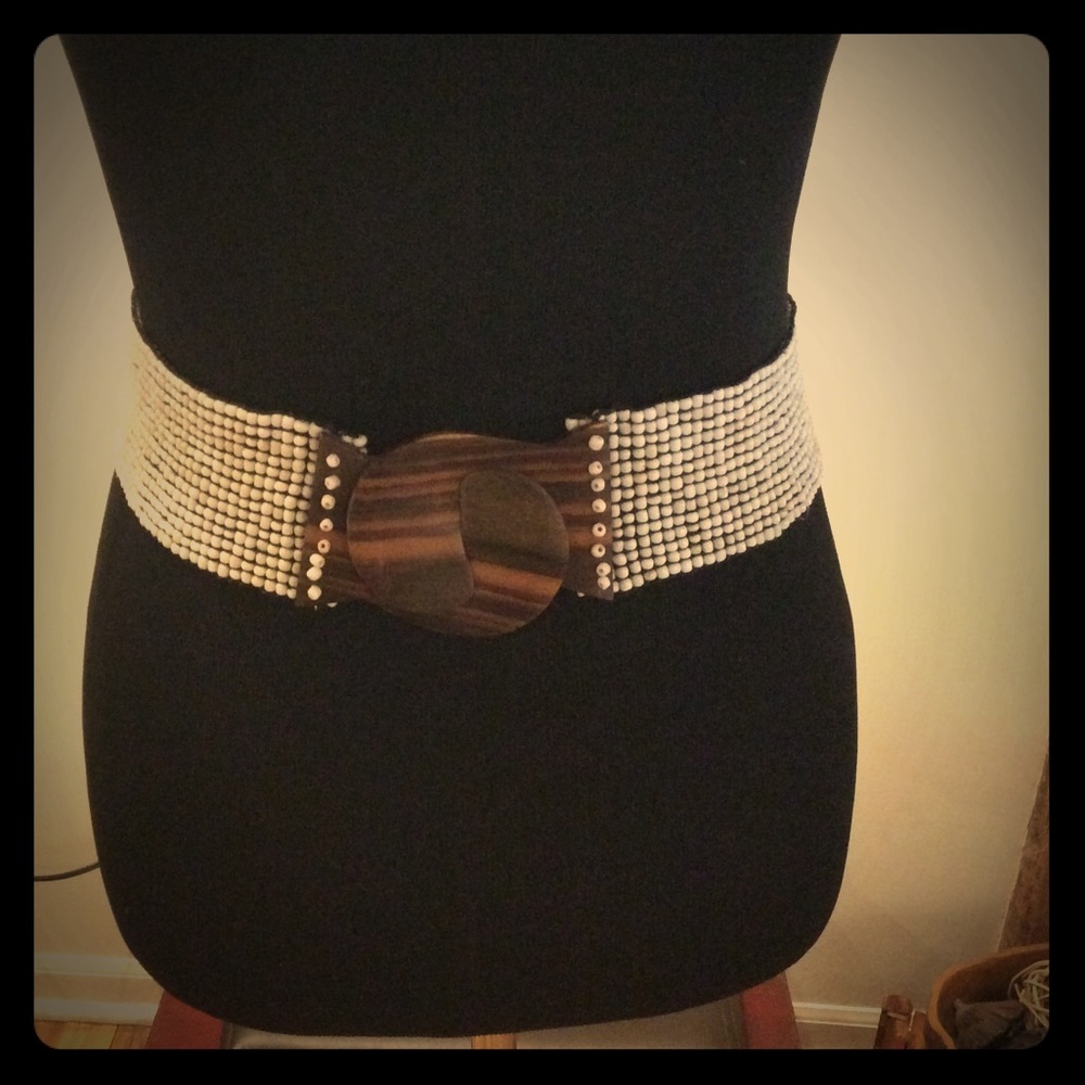 Beaded Belt with Polished Wood Hook Buckle - Picture 1 of 4