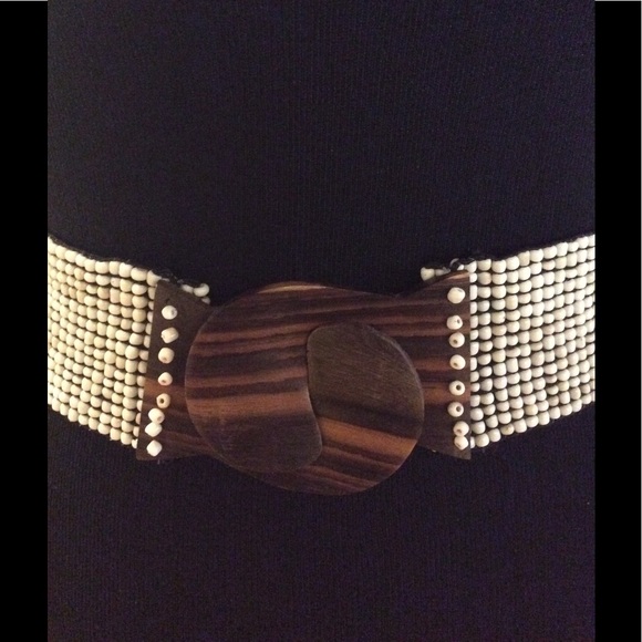 Beaded Belt with Polished Wood Hook Buckle - Picture 2 of 4