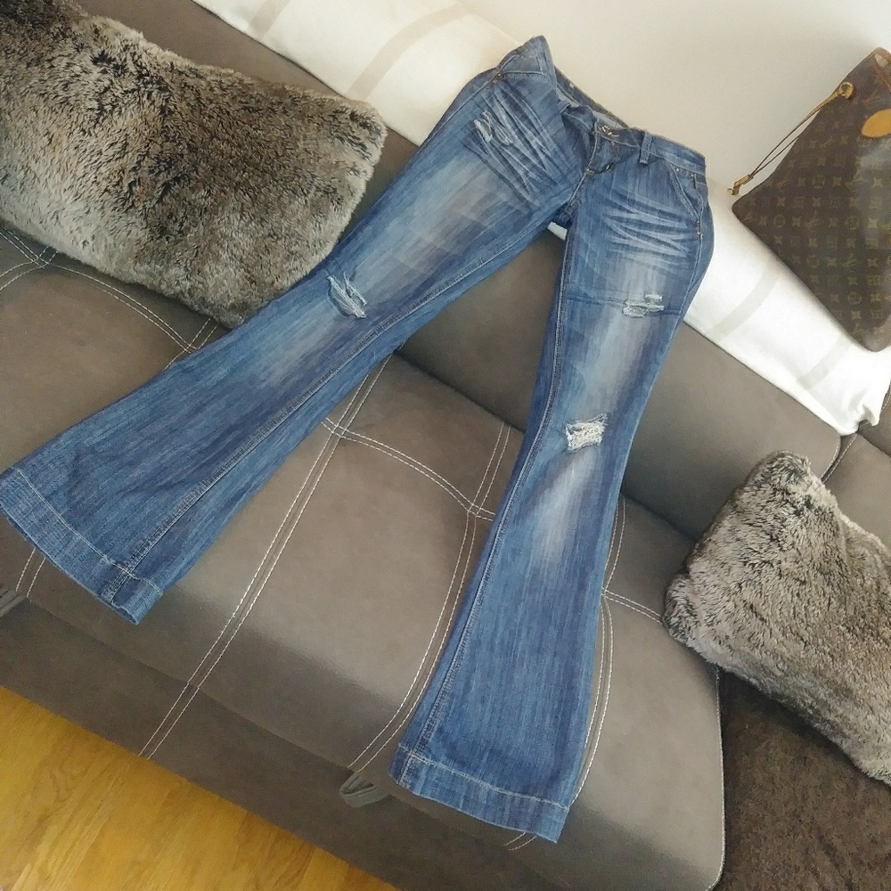 Distressed & Embellished Flare/Bootcut blue jeans