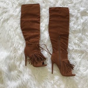 Knee High Tan Open Toe Fringe Heels