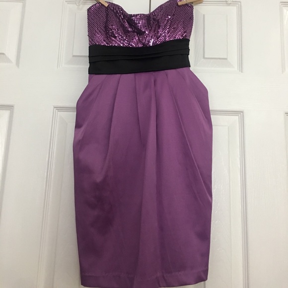 Strapless Sequined Purple Dress with Black Belt - Picture 1 of 8