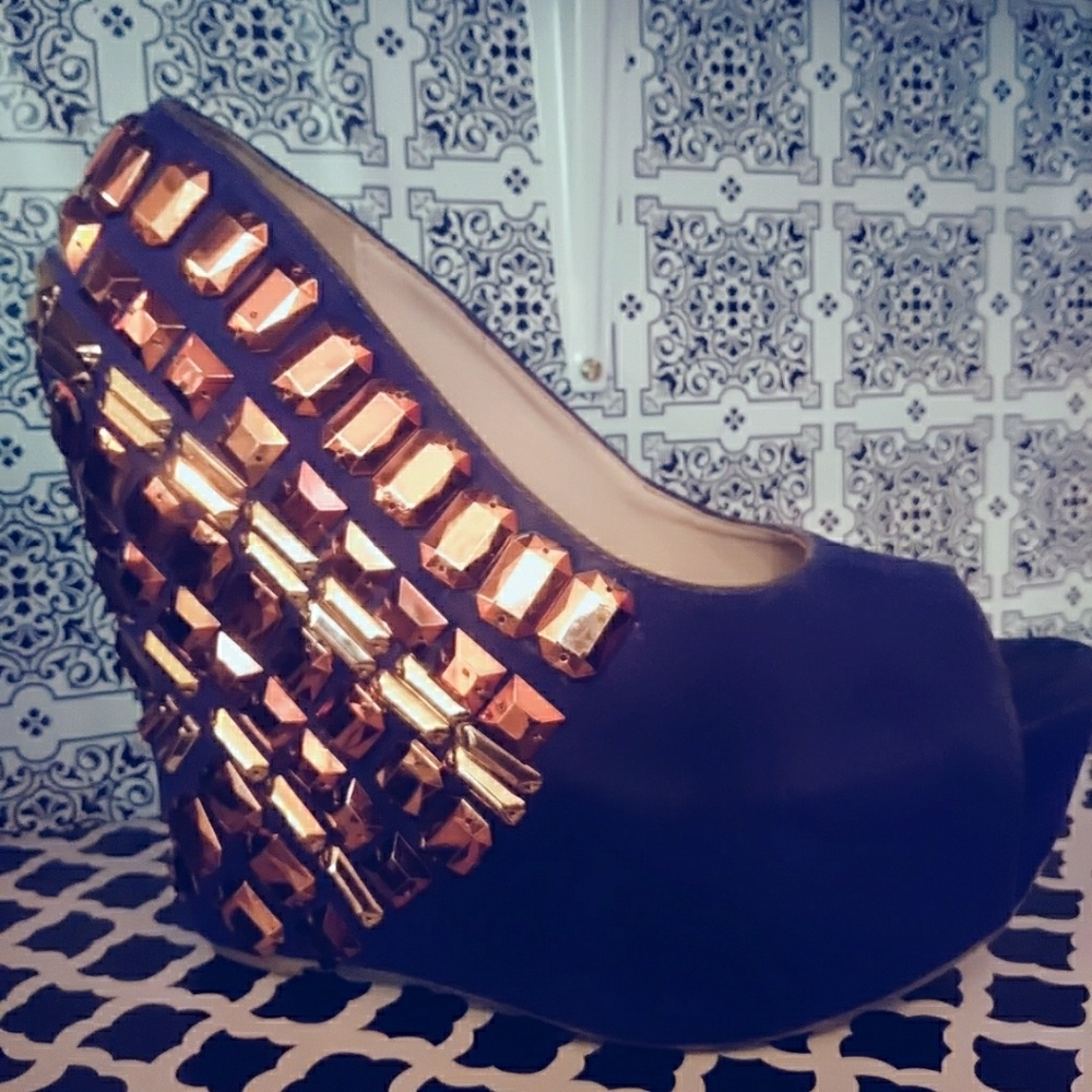 Blue sued gold studded platforms