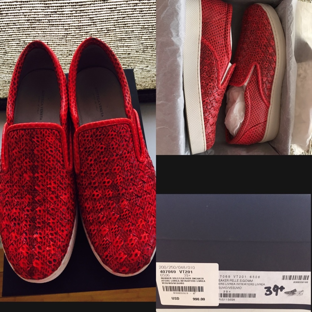 Bottega Veneta Ayers Red Snakeskin Vesuvio Dodgers Slip On Shoes 39.5 9.5