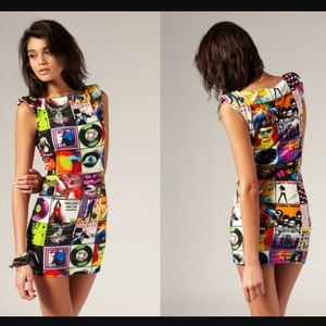 Miss Sixty pop art mini dress w/ padded shoulders