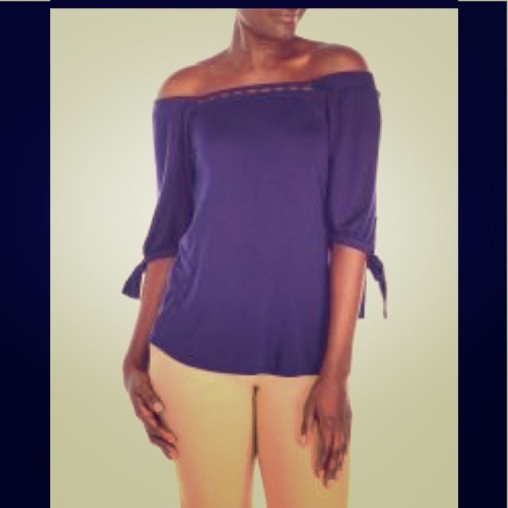 Navy blue off the shoulder top with lace detail