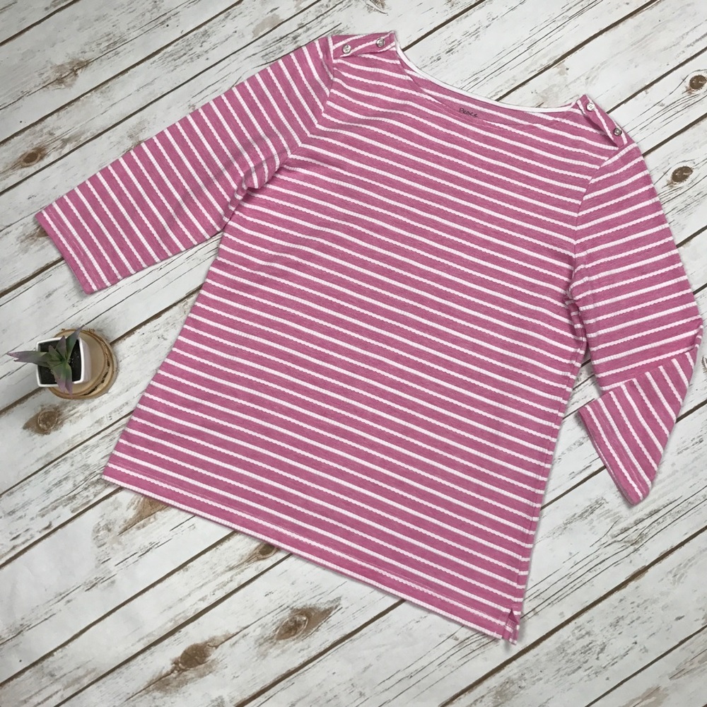 Peace & Pearls Pink White Striped Button 3/4 Top