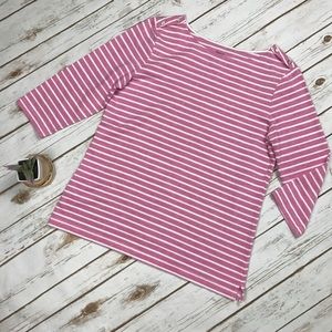 Peace & Pearls Pink White Striped Button 3/4 Top