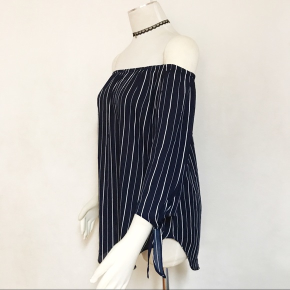Off shoulder striped tie lantern sleeves boho top - Picture 2 of 4