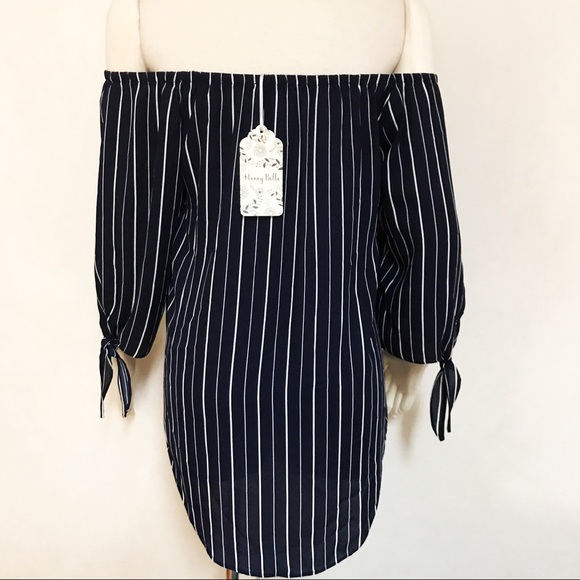 Off shoulder striped tie lantern sleeves boho top - Picture 3 of 4