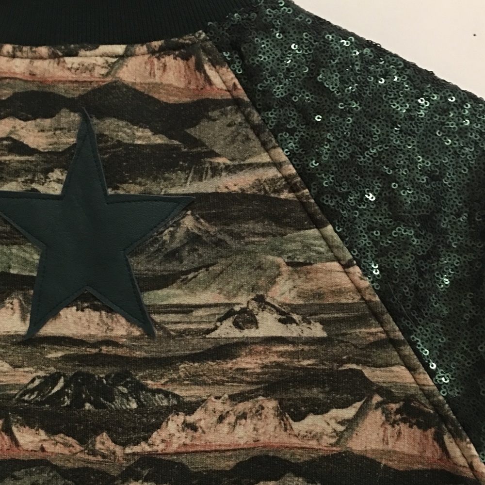 Green Leather trim sequin bomber jacket. NWOT - Picture 4 of 8