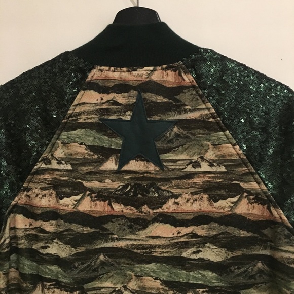Green Leather trim sequin bomber jacket. NWOT - Picture 2 of 8