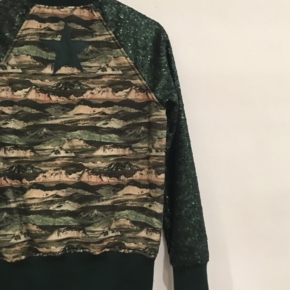 Green Leather trim sequin bomber jacket. NWOT - Picture 3 of 8