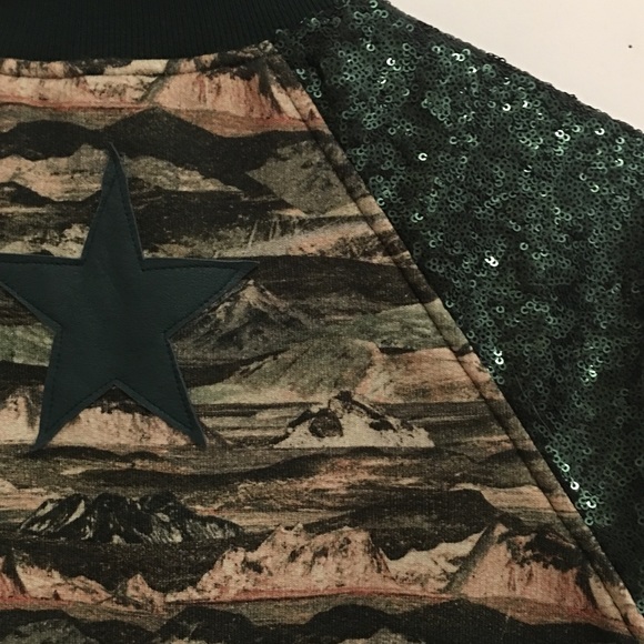 Green Leather trim sequin bomber jacket. NWOT - Picture 4 of 8