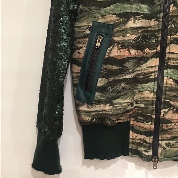 Green Leather trim sequin bomber jacket. NWOT - Picture 6 of 8