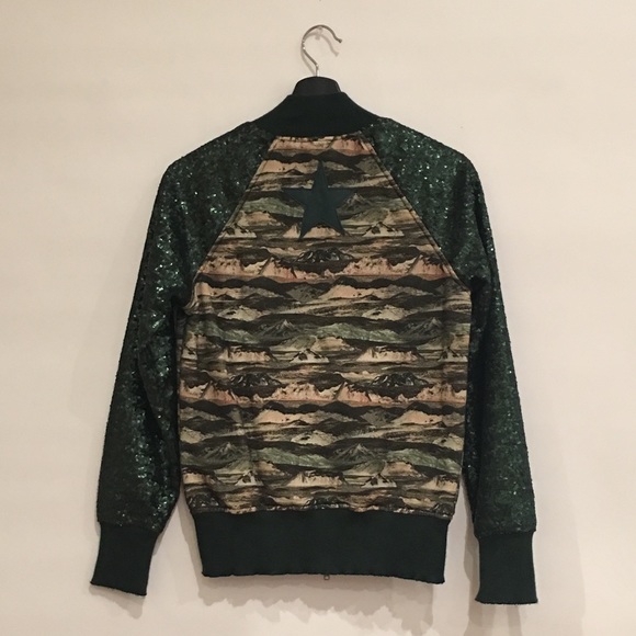 Green Leather trim sequin bomber jacket. NWOT - Picture 7 of 8