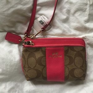 BNWT Coach hot pink and brown wristlet